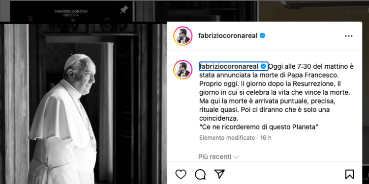 Fabrizio Corona sulla morte del Papa: “Ci diranno che è solo una coincidenza”